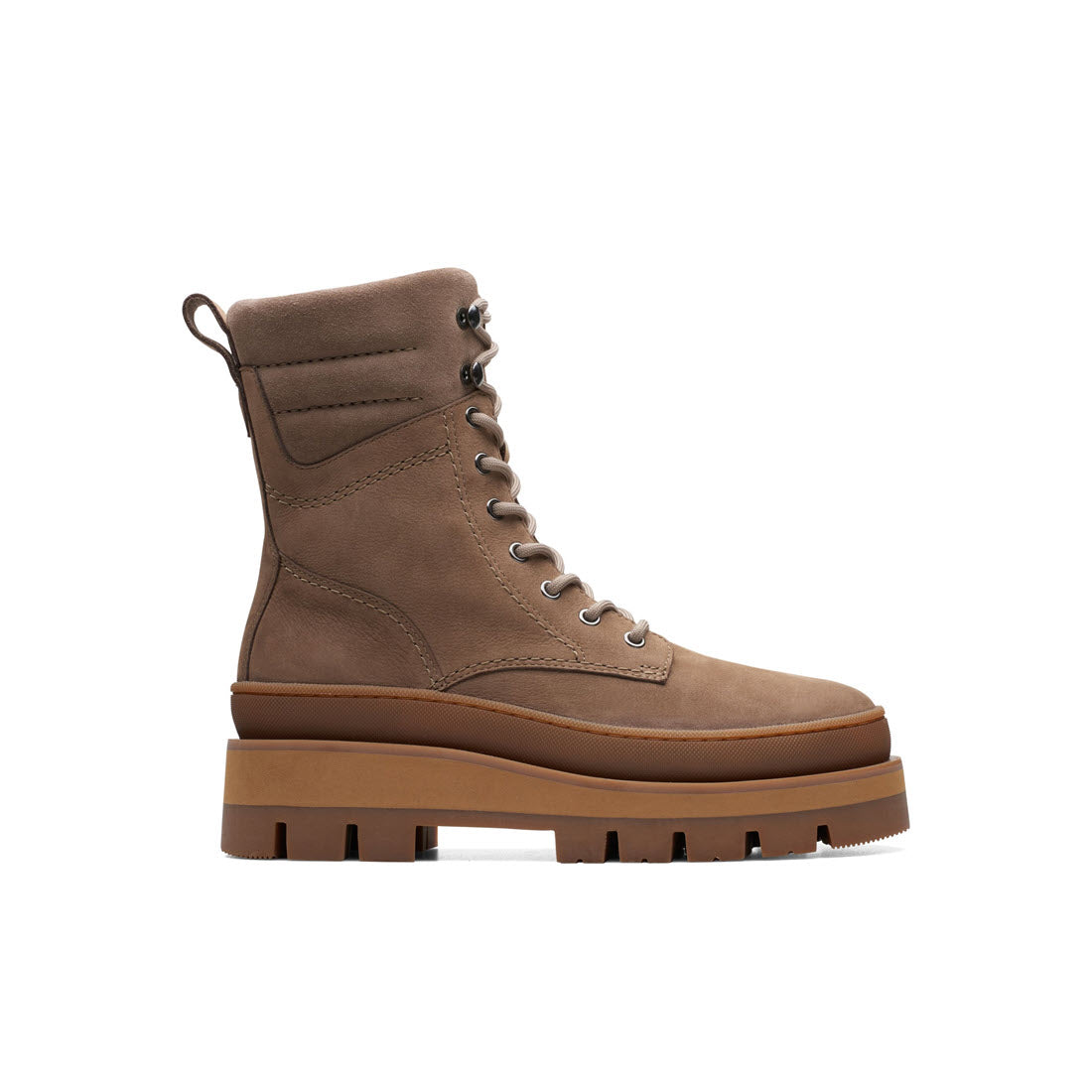 A brown leather Clarks Orianna 2 Hike pebble lace-up boot with a chunky lugged sole, isolated on a white background.
