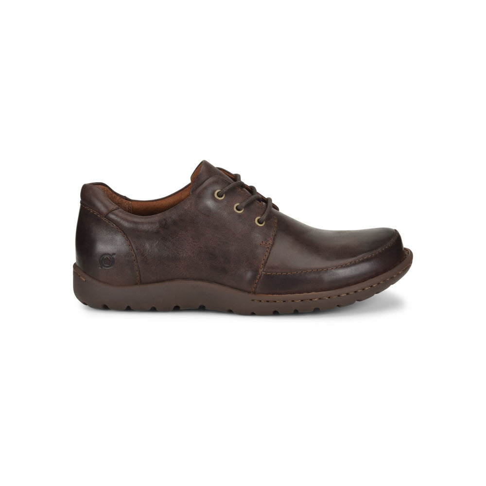 Brown leather lace-up casual shoe with a cushioned microfiber footbed, round toe, and rubber sole, isolated on a white background. - BORN NIGEL 3 EYE OXFORD LACE BROWN - MENS by Born