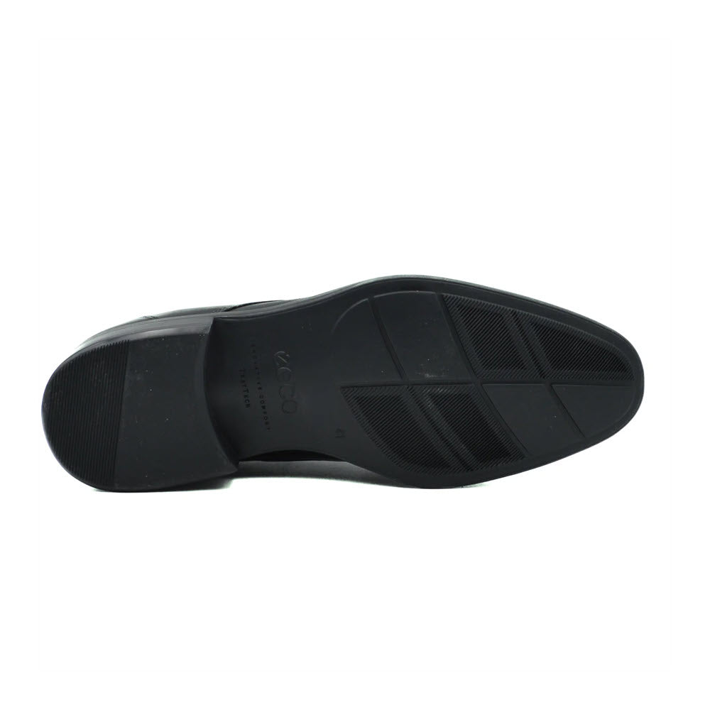 Bottom view of a black ECCO CITYTRAY BIKE TOE SLIP ON shoe featuring bike-toe construction and showing the sole with textured patterns and the brand name &#39;Ecco.&#39;