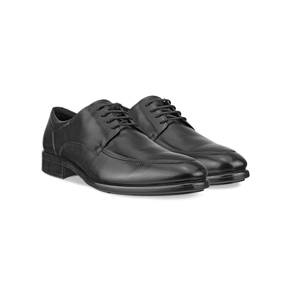 A pair of black leather Ecco Citytray apron toe tie shoes with laces on a white background.