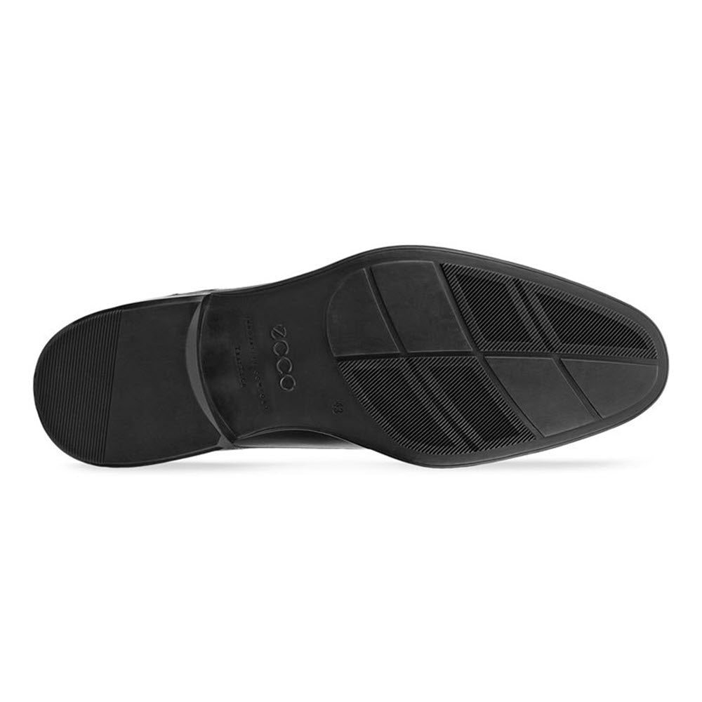 Sole of a black Ecco Citytray apron toe tie shoe displaying its tread pattern and brand logo.