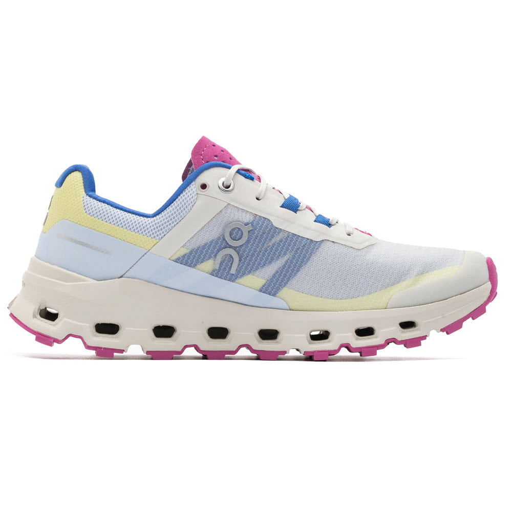 A colorful sneaker with blue, yellow, and pink accents, featuring a chunky white Cloudvista outsole and lace-up front by On Running.