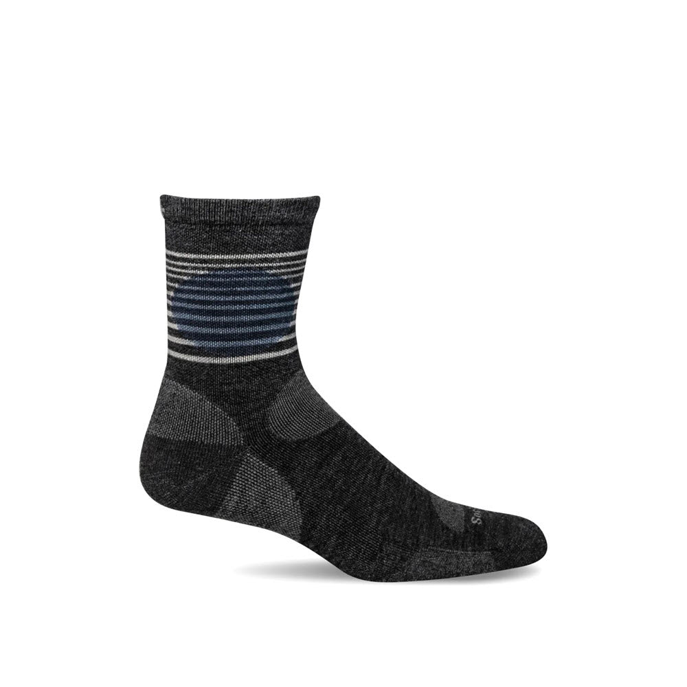 A single SOCKWELL HORIZON 15-20 MMH compression crew sock in charcoal for women, with blue and white stripes near the cuff, displayed against a white background.