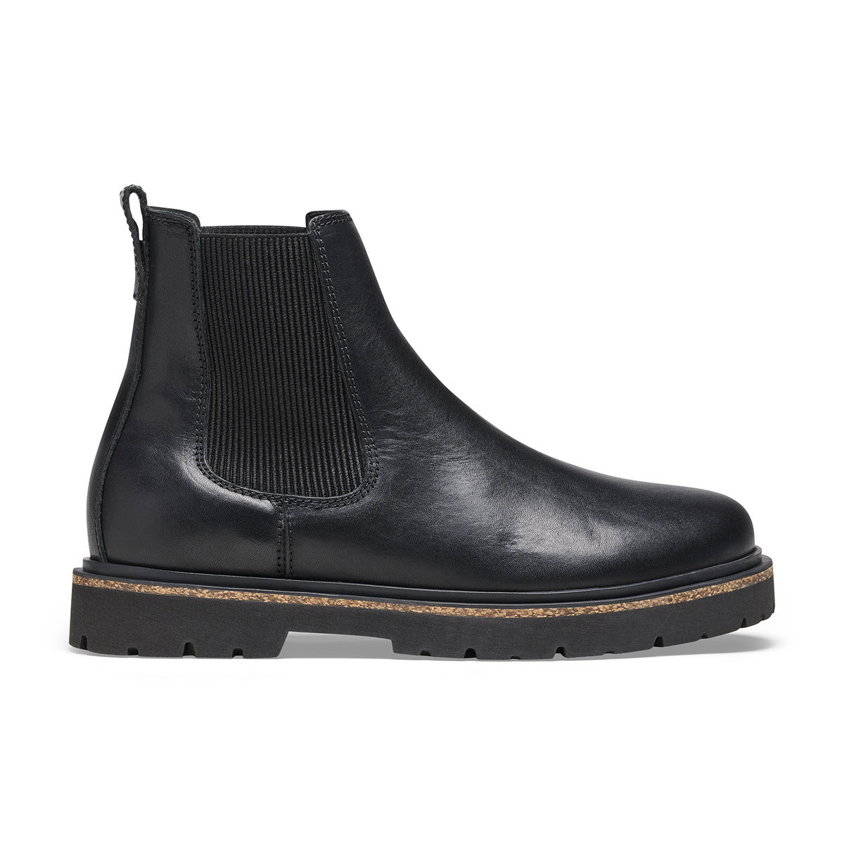 Birkenstock Highwood Deep Blue black leather Chelsea boot with elastic side panels and a chunky, ridged sole, isolated on a white background.