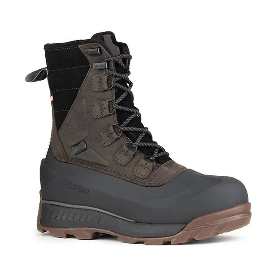 A NexGrip men&#39;s high-top hiking boot with sturdy laces, a reinforced toe, and a thick, anti-slip brown rubber sole.
