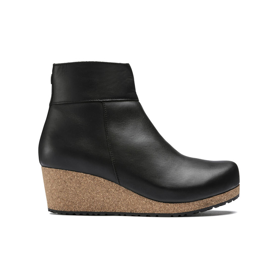 Birkenstock Papillio Ebba black leather wedge ankle boot with a contoured footbed and a cork platform sole, photographed on a white background.