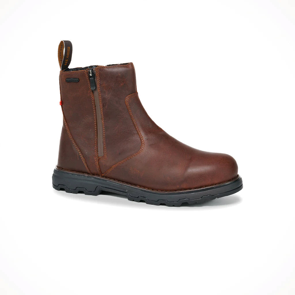 NexGrip Men&#39;s brown leather ankle boot with a side zipper and black sole, displayed against a white background.