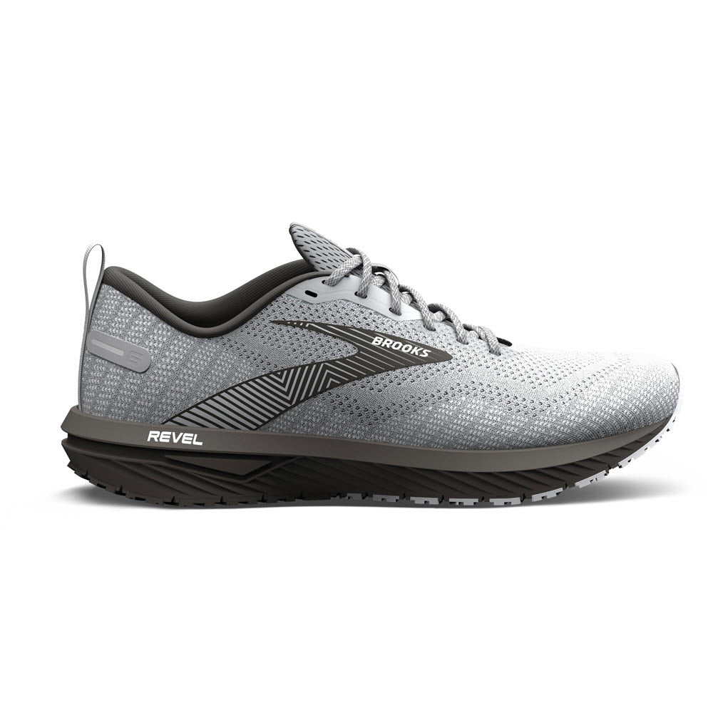 A single grey Brooks Revel 6 Alloy/Primer Grey/Oyster neutral running shoe isolated on a white background.