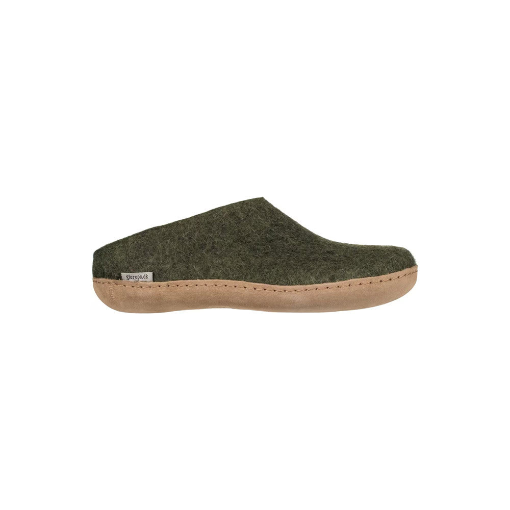 A Glerups slip-on leather forest clog featuring an olive green natural wool upper and a classic cork-latex footbed on a white background.