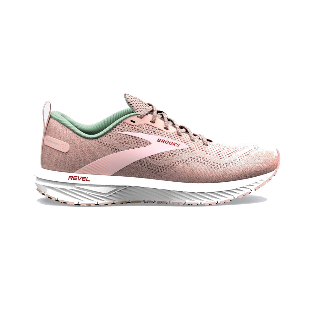 A single Brooks Revel 6 Peach Whip/Pink women&#39;s road-running shoe with white soles and green interior, viewed from the side on a white background.