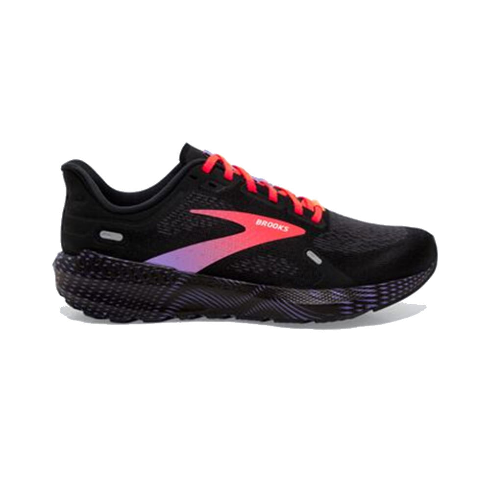 A side view of a black Brooks Launch GTS 9 running shoe with a purple logo and pink laces against a white background, featuring BioMoGo DNA cushioning.