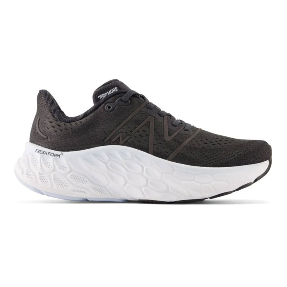 New Balance WMORV4 black running shoe with an engineered mesh upper and a white sole, viewed from the side, featuring Fresh Foam X cushioning.
