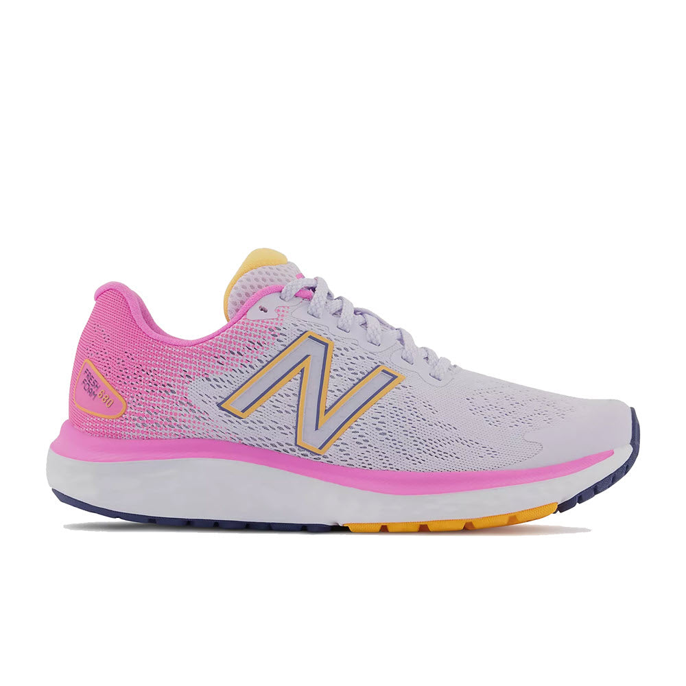 A side view of a New Balance W680v7 Libra/Pink/Night Sky running shoe in white, pink, and yellow colors.