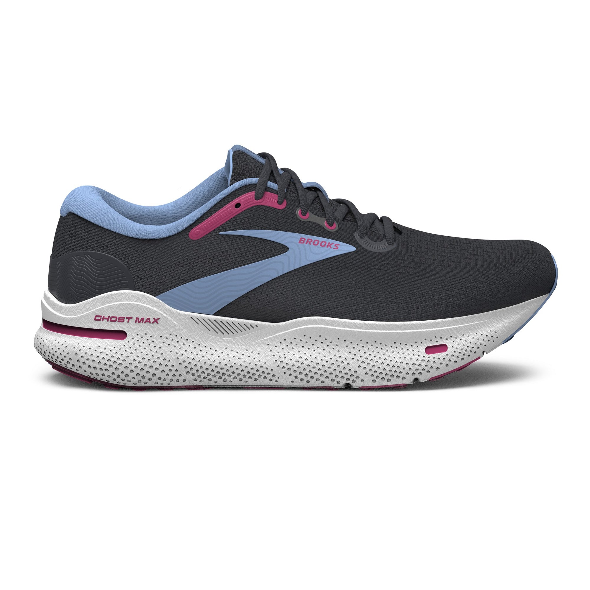 A single Brooks Ghost Max running shoe, featuring a black upper with blue and pink accents, a white sole, and DNA Loft v2 foam.