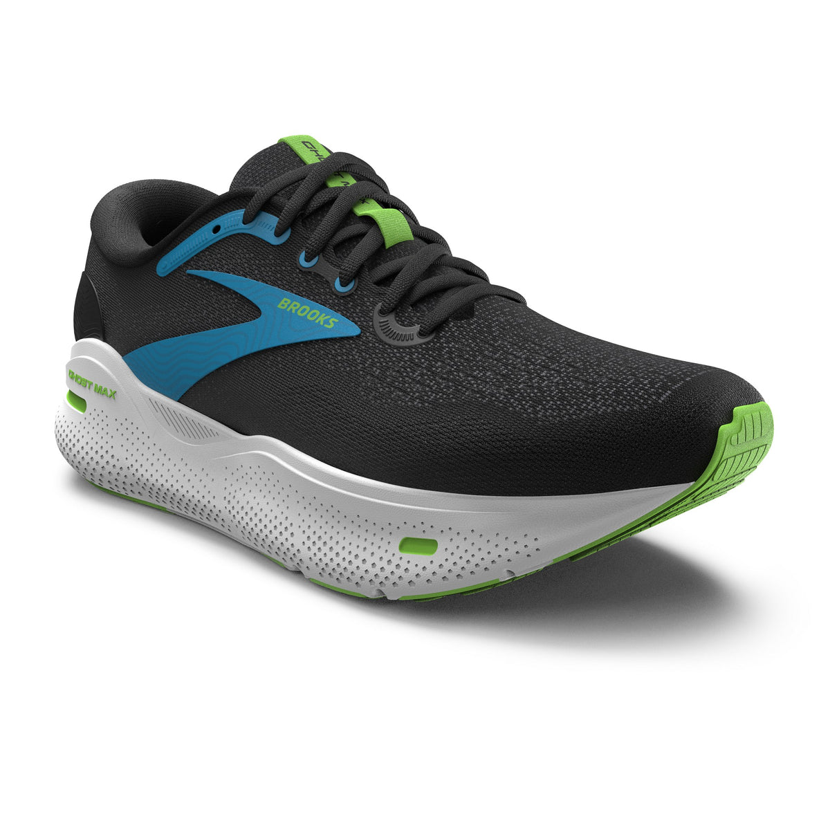 Black and blue Brooks Ghost Max running shoe with white sole and green accents on a white background.