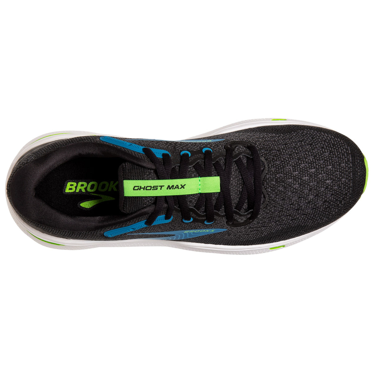 Top view of a Brooks Ghost Max Black/Atomic Blue running shoe with black upper, blue and green accents, and visible branding.