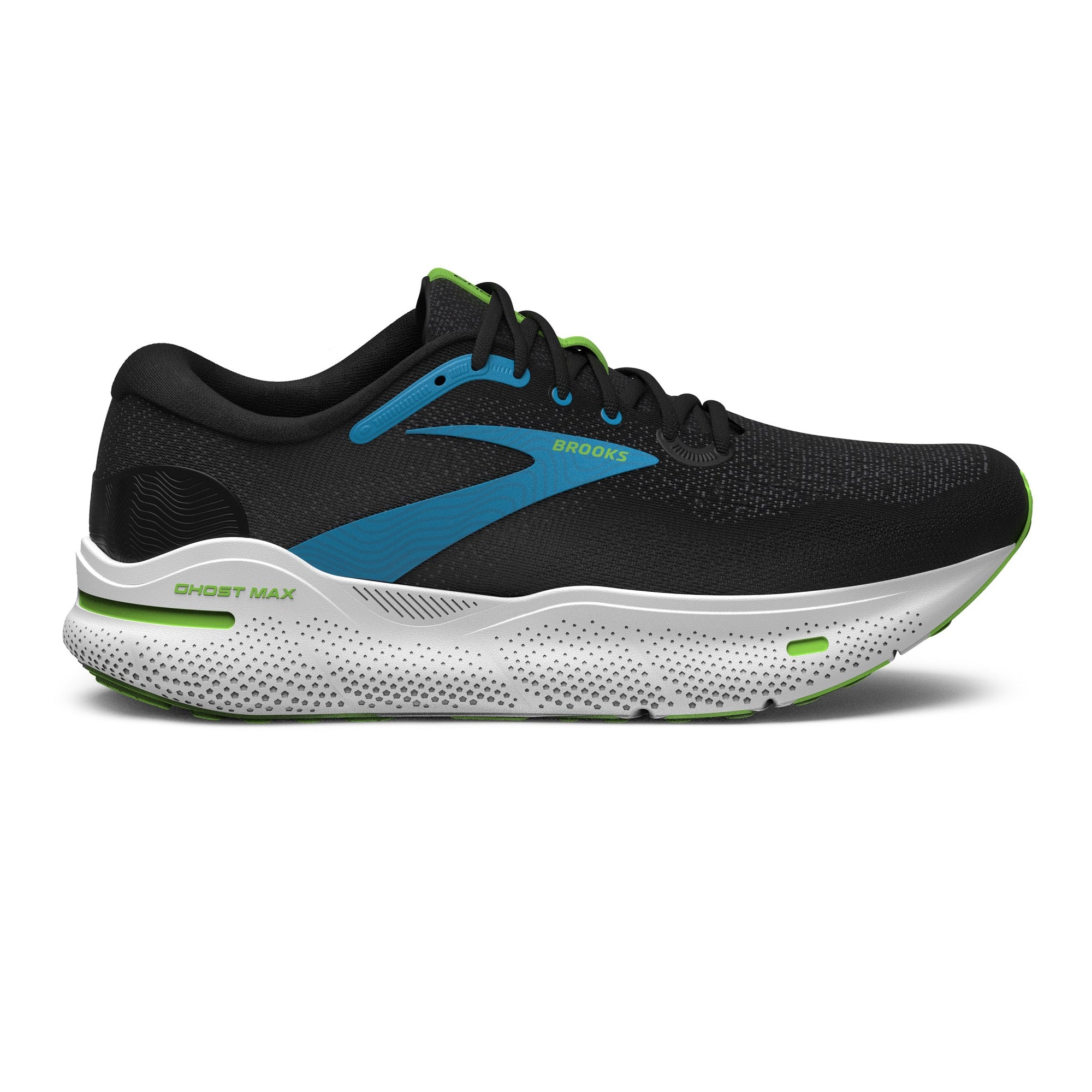 A black and blue Brooks Ghost Max running shoe with white soles and the Brooks logo visible on the side.