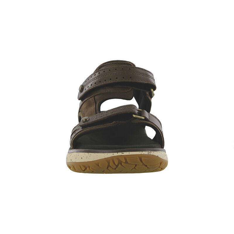 Brown leather sandal with adjustable straps and a speckled sole, viewed from the back angle, featuring a cushioned insole, SAS Embark Smores - Women&#39;s.