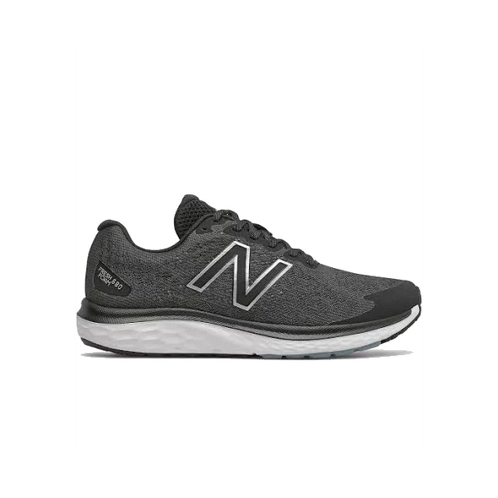 Men's gray New Balance 680v7 running shoe featuring a prominent "n" logo on the side and a dual-density Fresh Foam midsole.