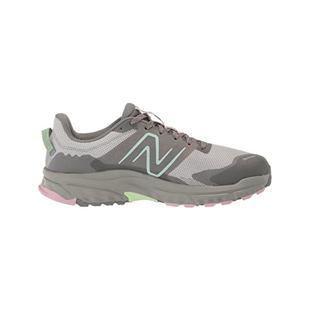 A New Balance 510v6 Brighton/Grey trail running shoe in gray with green accents featuring a prominent "n" logo on the side.