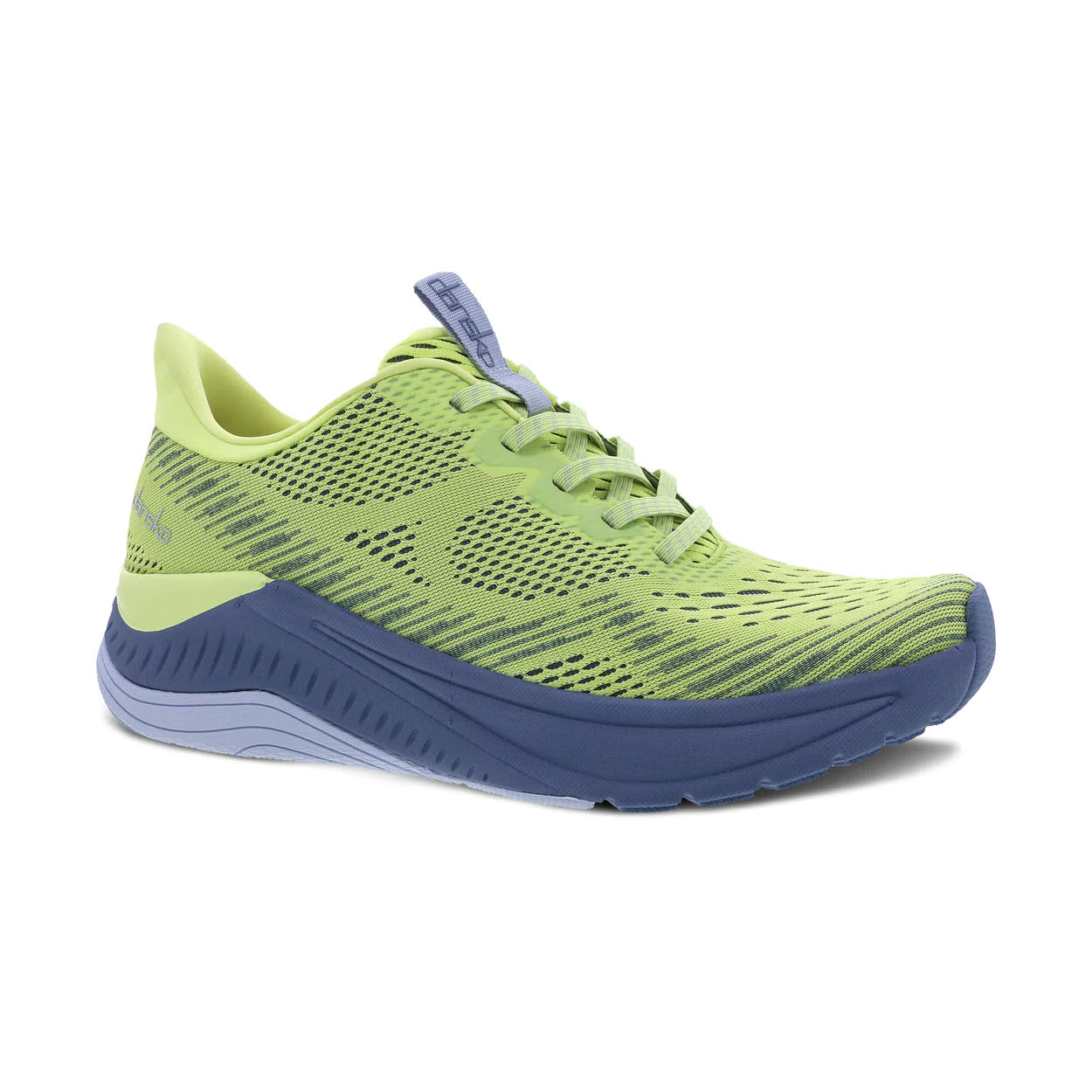 A neon green and blue Dansko walking sneaker with a breathable mesh upper and thick, cushioned sole, displayed on a white background.