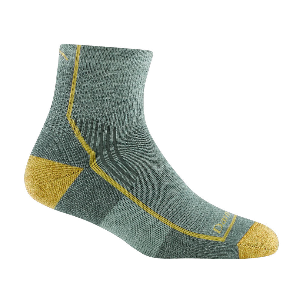 A single Darn Tough green and yellow Hiker Quarter sock with targeted Achilles cushion, displayed against a white background.