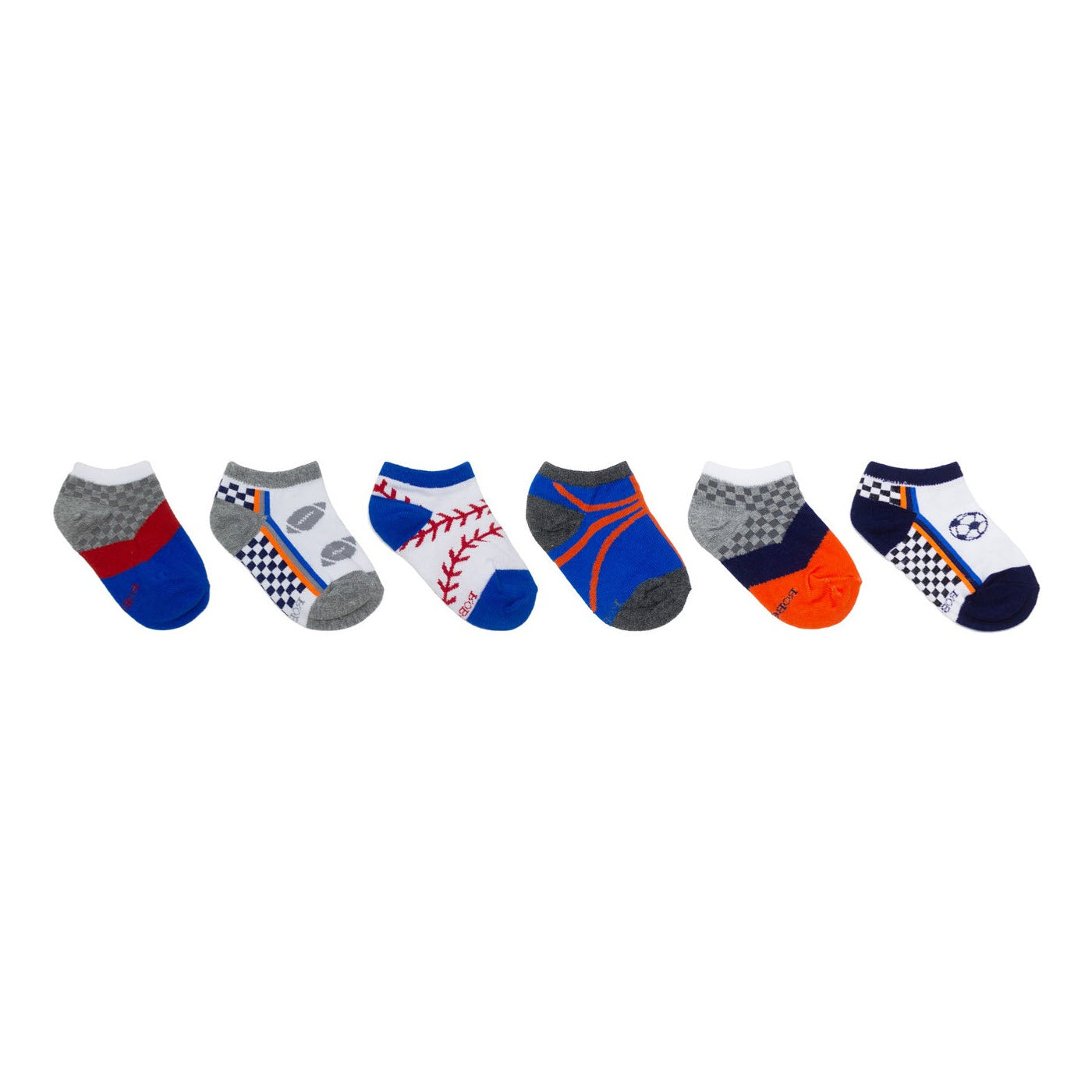 Eight pairs of Robeez no show children's sports socks, each with unique designs including stripes, basketballs, and baseballs, arranged in a row on a white background.