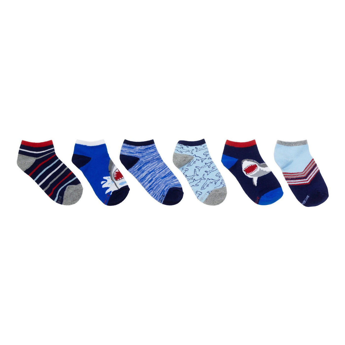 A row of Robeez no show socks in blue and red.
