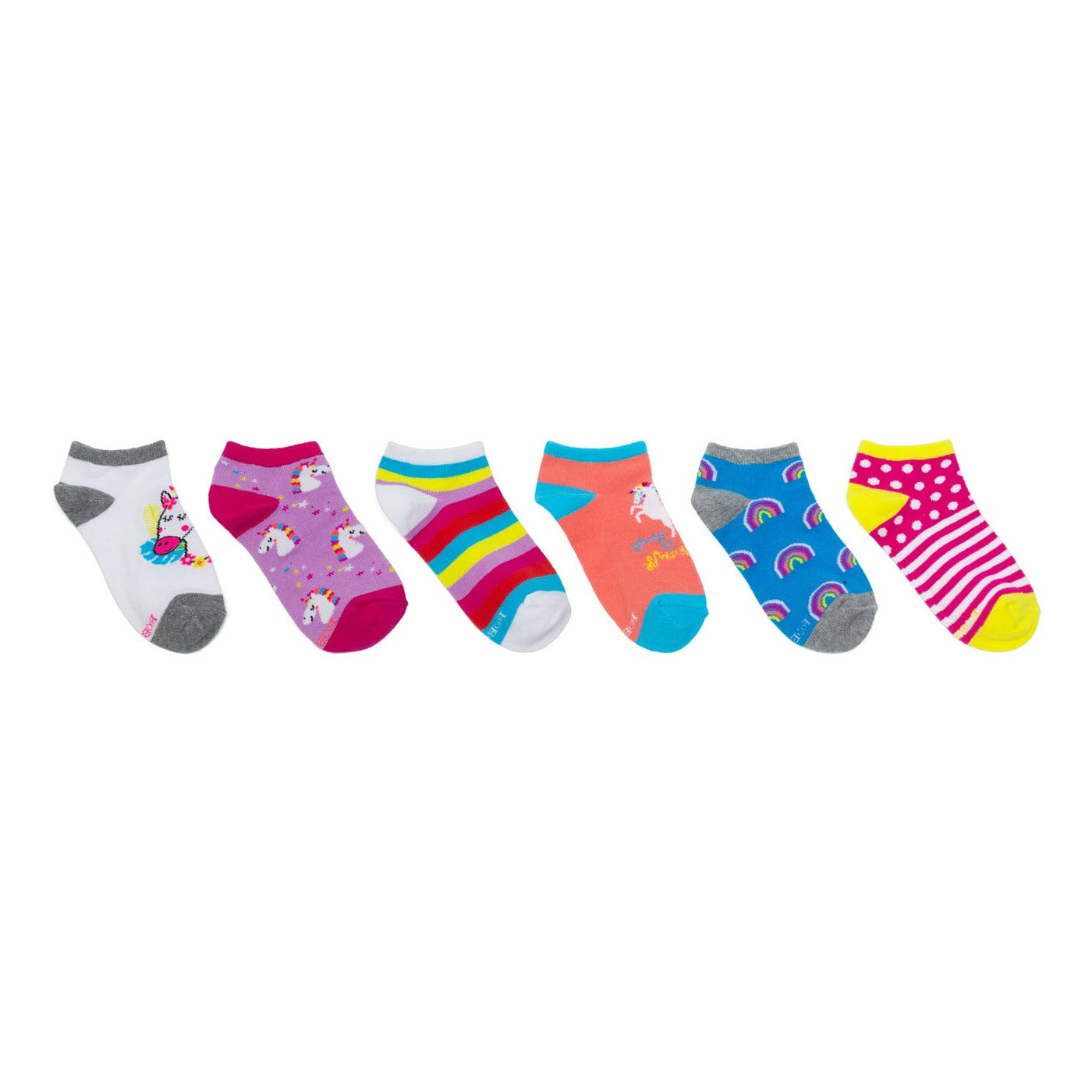 Six pairs of colorful children's socks with various patterns, including stripes, polka dots, Robeez No Show 6pk Girls Unicorn pattern, and cartoon motifs, displayed in a row on a white background.