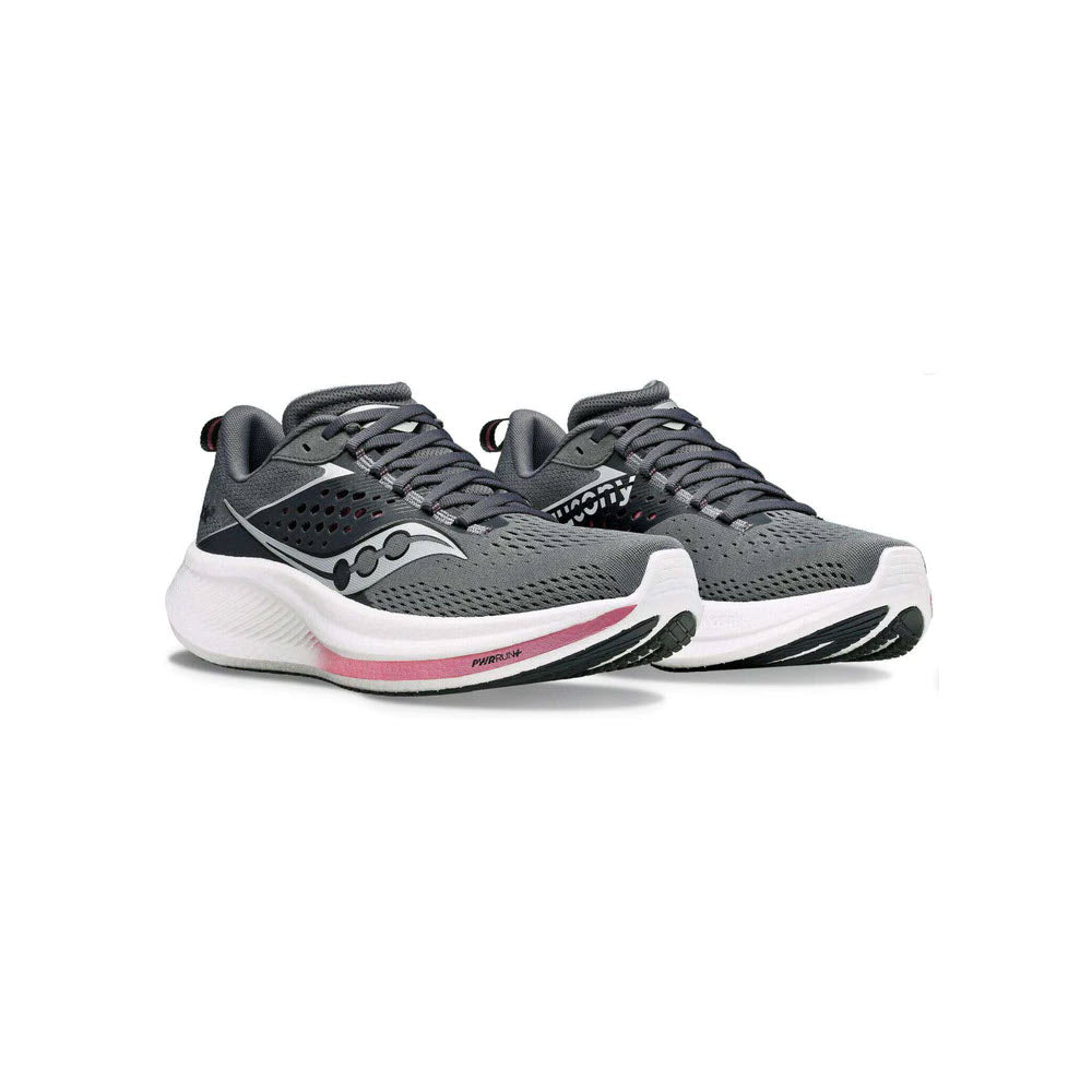 A pair of Saucony Ride 17 Cinder/Orchid - Women&#39;s performance running shoes with black laces and white soles, featuring a distinctive pink and black design on the PWRRUN+ foam midsole.