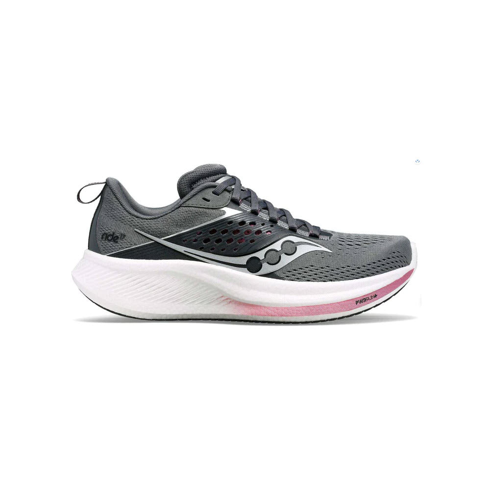 A single Saucony Ride 17 Cinder/Orchid women&#39;s performance running shoe with a white sole and pink accents, featuring circular ventilation holes on the side.