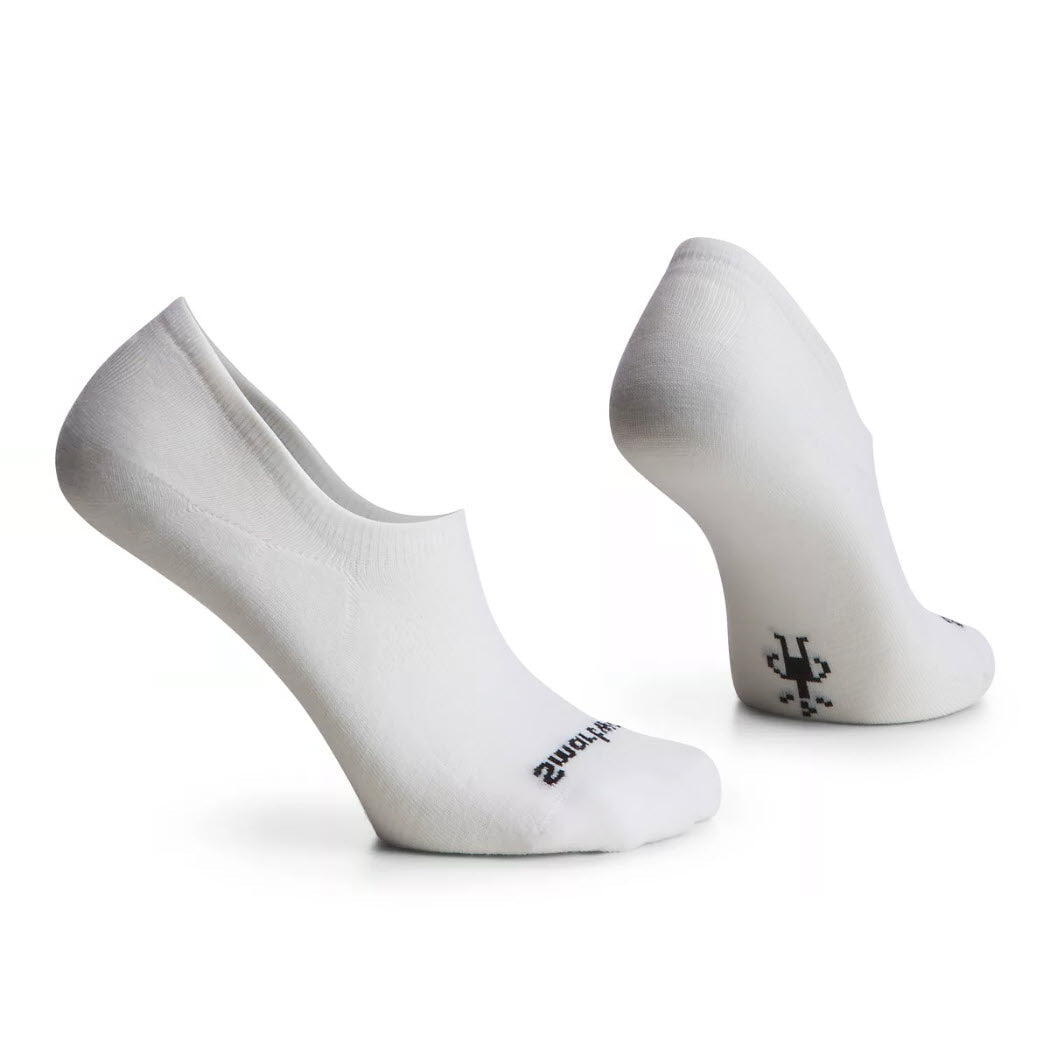 Two Smartwool white no-show socks displayed against a white background, one showing the sole with a black logo, ideal for pairing with sneakers.
