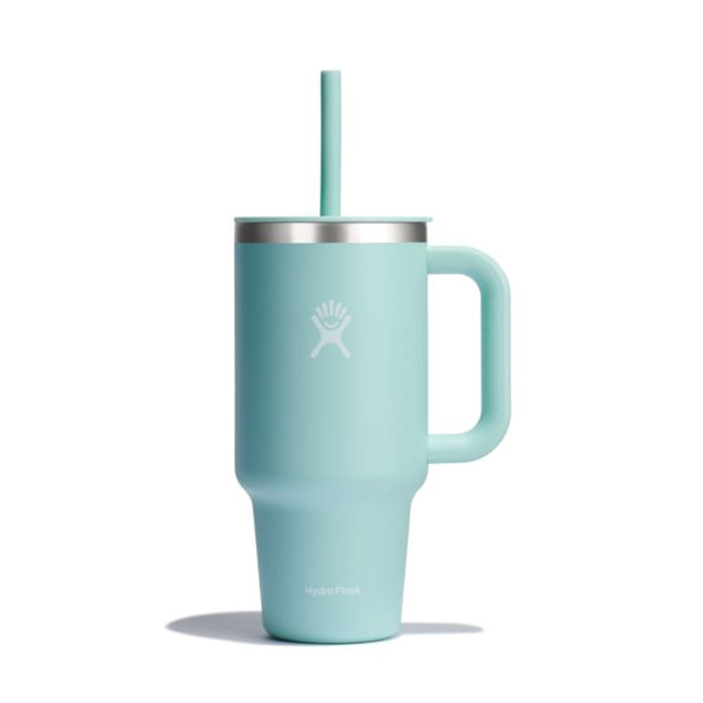 Large size Hydro Flask travel tumbler with lid and straw in light blue on a white background.