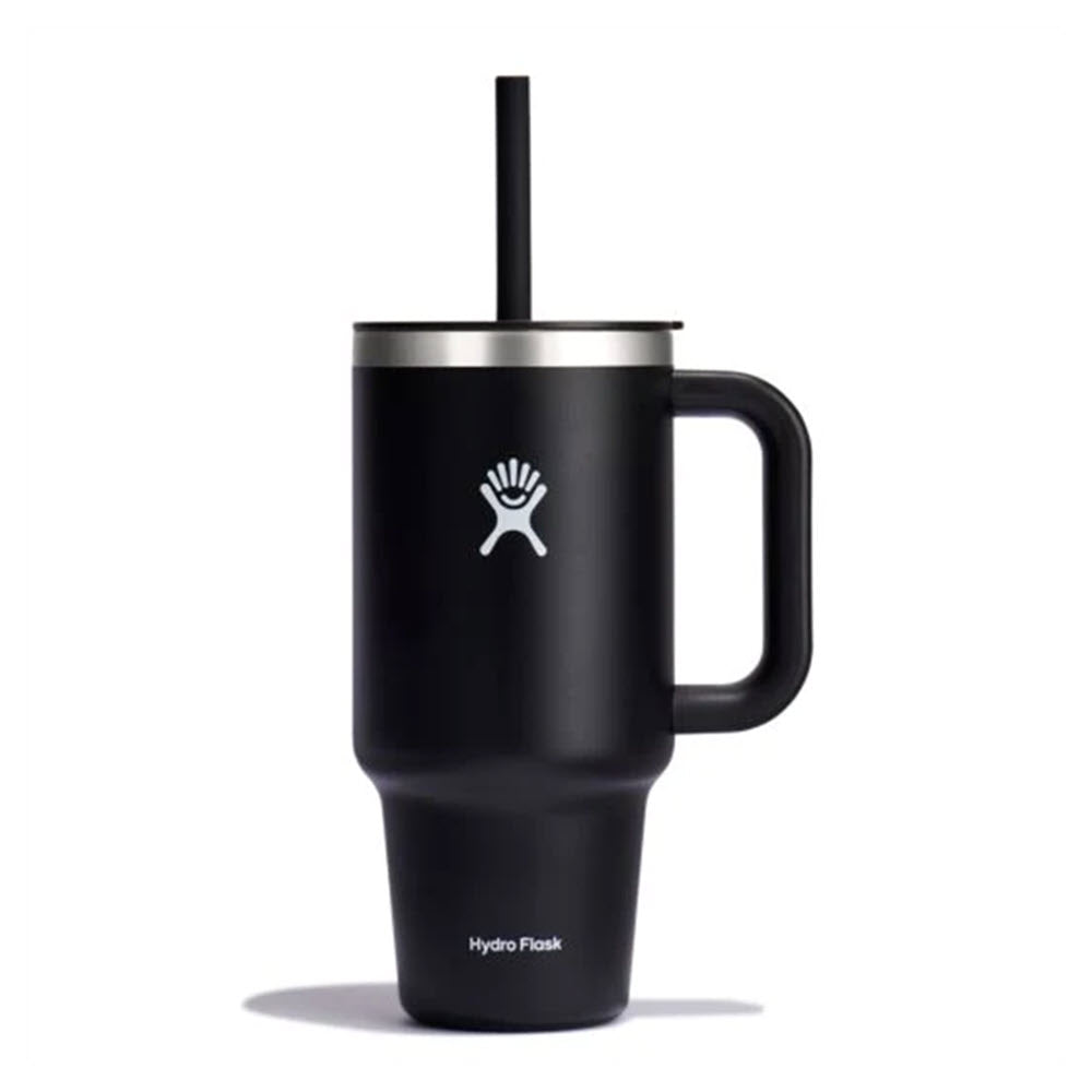 Hydro Flask Travel Tumbler 32oz Black with a durable handle and straw, featuring a white logo, displayed on a white background.