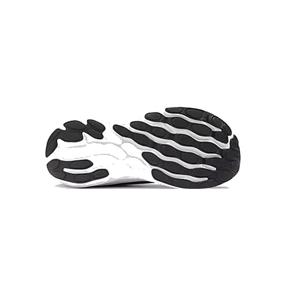 Sole of a running shoe featuring New Balance Fresh Foam X 1080v13 with a black and white segmented tread pattern on a white background.