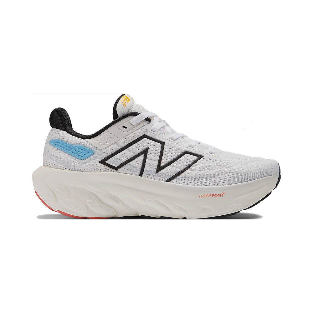 White New Balance Fresh Foam X 1080v13 running shoe with black and light blue accents on a white background should be replaced with &quot;NEW BALANCE 1080 V13 WHITE/BLUE - KIDS by New Balance.