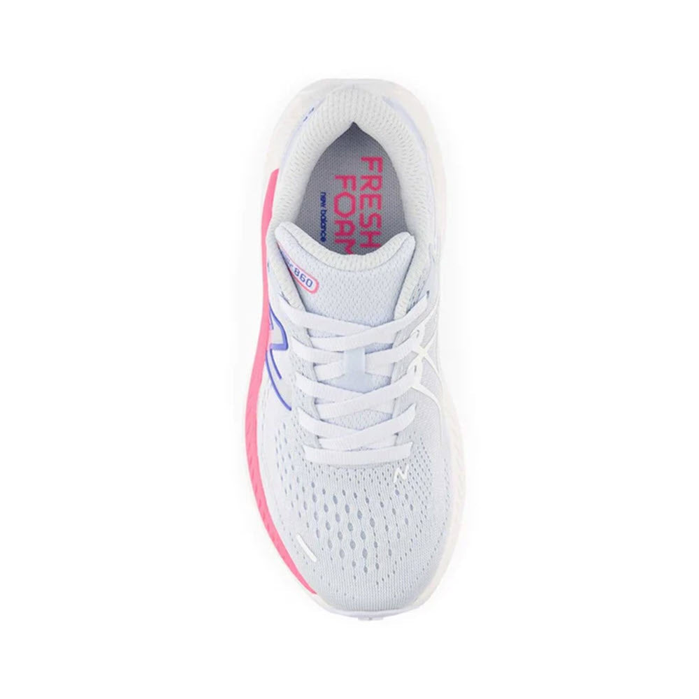 Top view of a light gray New Balance running shoe with pink and blue accents and &quot;Fresh Foam X 860v13&quot; text inside.