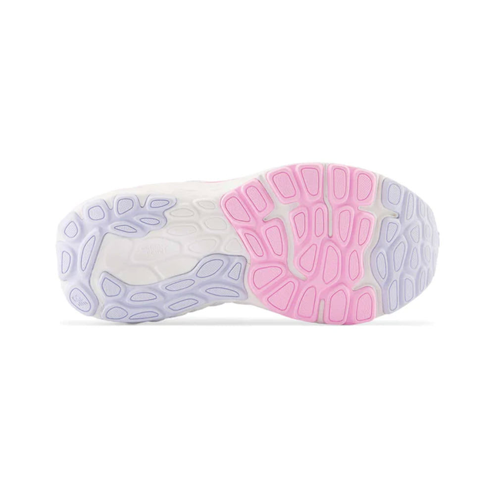 Sole of a New Balance 860 V13 Moon Dust/Neon Pink kids running shoe with a supportive medial post and a tread pattern in white, lavender, and pink rubber.