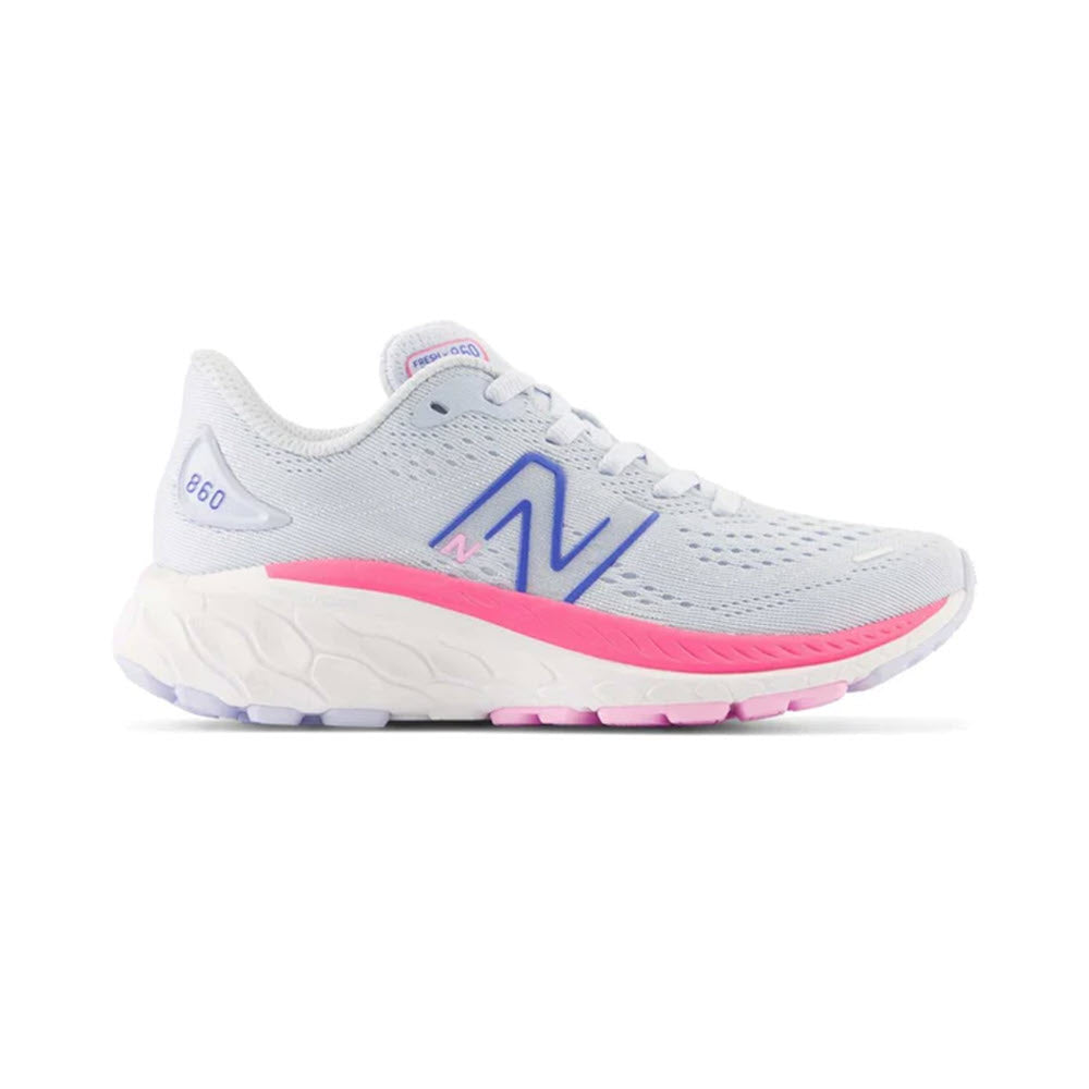 A New Balance 860 V13 Moon Dust/Neon Pink running shoe featuring a white and grey upper with a pink sole and a blue &quot;n&quot; logo on the side.