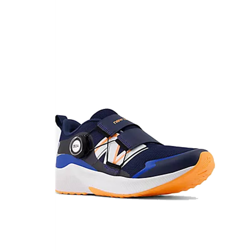 A sporty kids&#39; sneaker with blue and orange accents, featuring an elastic strap and dial closure system, incorporating a DynaSoft midsole on a thick, white sole - the New Balance Reveal V4 Boa Navy.