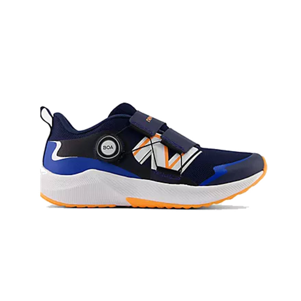 Blue and white New Balance REVEAL V4 BOA NAVY kids&#39; sneaker with orange accents and a BOA Fit System dial for tightening, displayed against a white background.