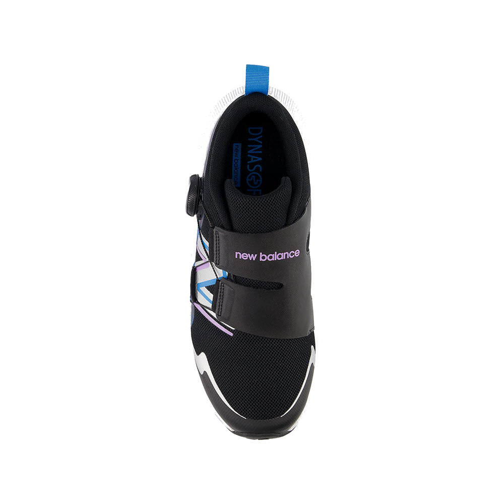 Top view of a new New Balance Reveal v4 BOA Black/Purple kids&#39; sneaker on a white background.