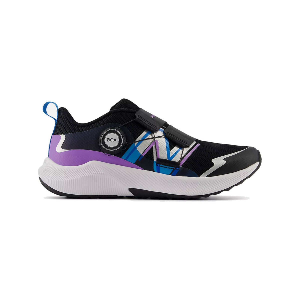 A modern black kids&#39; sneaker with purple and blue accents, featuring a New Balance REVEAL V4 BOA BLACK/PURPLE - KIDS and a white sole.
