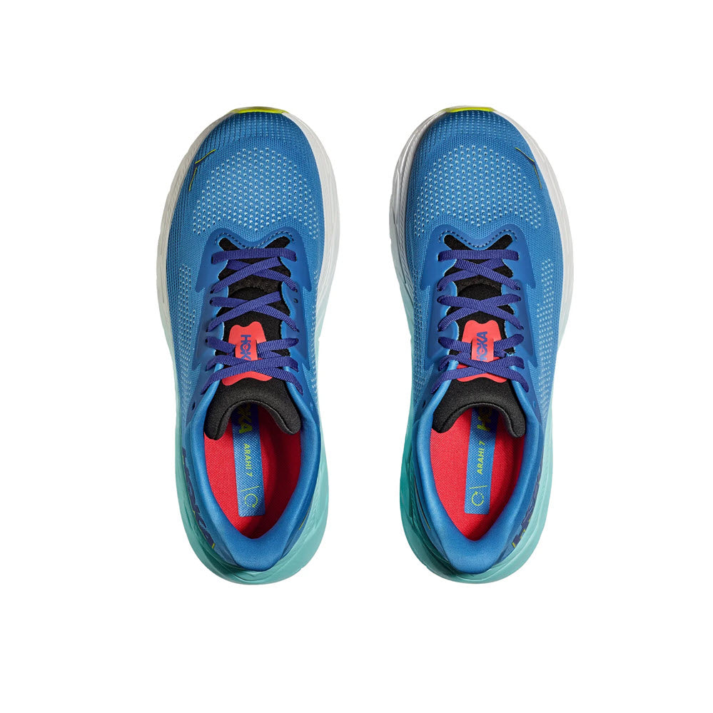 A pair of Hoka Arahi 7 Virtual Blue/Cerise - Men&#39;s running shoes with black laces and a red interior, featuring J-Frame technology, viewed from above on a white background.