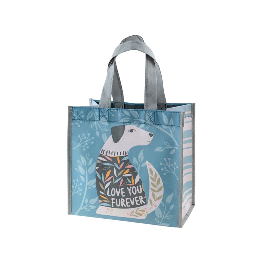 KARMA MEDIUM GIFT BAG LOVE YOU crafted from recycled materials, featuring a graphic of a dog in a sweater with the phrase "love you forever" surrounded by a blue floral pattern.