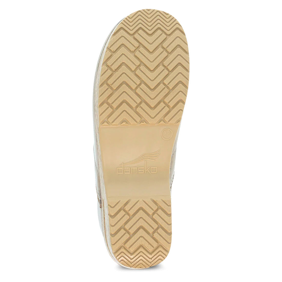 A sole of a Dansko Professional clog with a chevron tread pattern and the brand &quot;dansko&quot; visible.