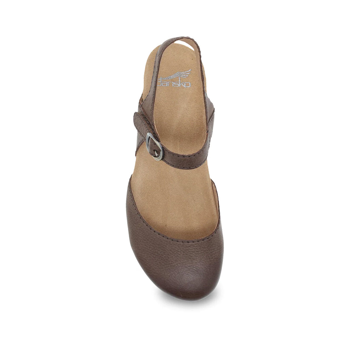 Dansko Tiffani brown mary jane style closed toe sandal with a strap over the instep on a white background.