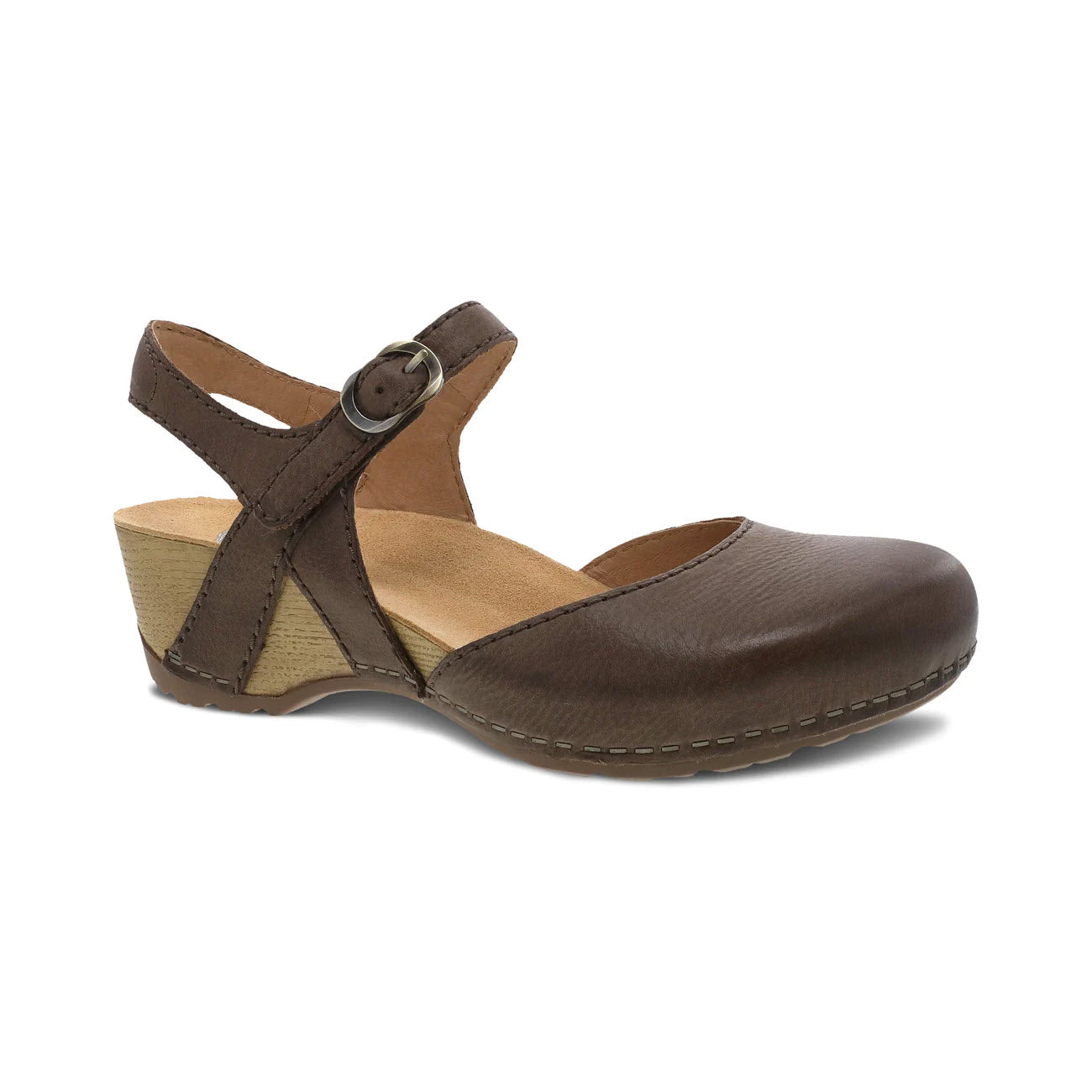 Dansko brown leather ankle-strap closed toe sandal with chunky heel.