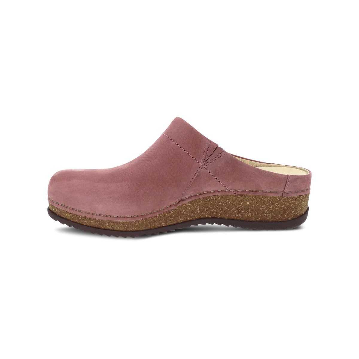 A single Dansko Mariella Rose-colored open back clog shoe with a cork sole, isolated on a white background.