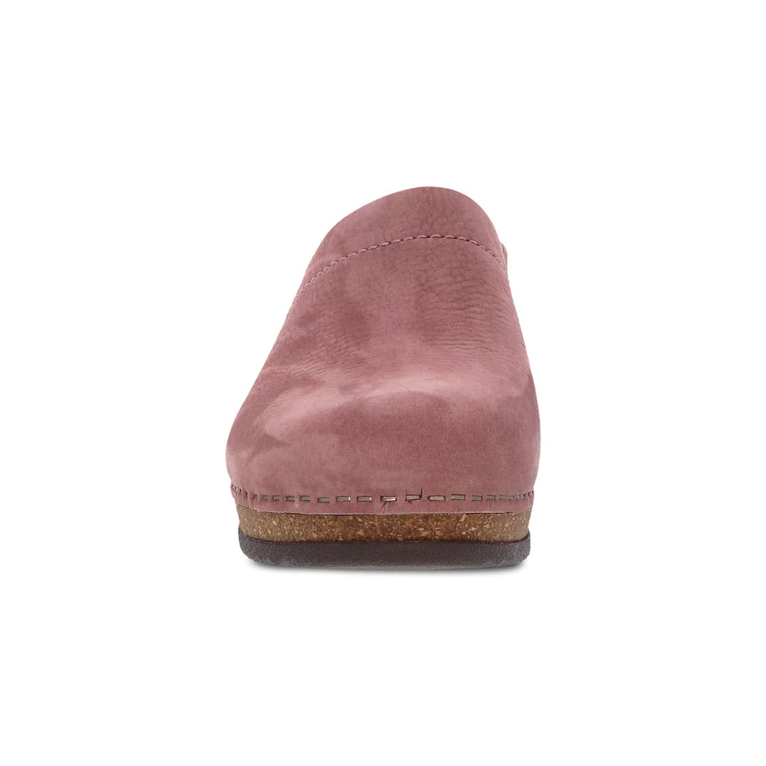 Front view of a single pink suede Dansko Mariella Rose open back clog with stitching details.